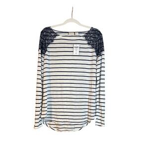 Chicos Lace Shoulder Top Midnight Navy White Striped Long Sleeve Size 2 L